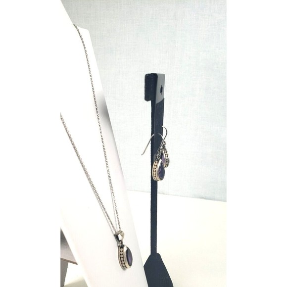 Vintage Sterling Silver 925 Amythist Teardrop Pendant Matching Earrings with 18" - Picture 9 of 12